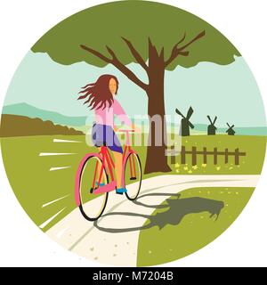 Retro Style Abbildung: ein Mädchen, ein Vintage cruiser Fahrrad nach oben in Richtung Baum mit Windmühlen Stellen innerhalb des Kreises. Stock Vektor
