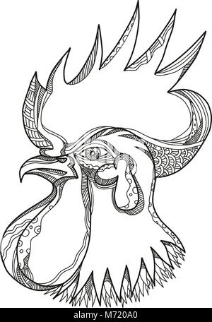 Doodle art Illustration der Kopf ein junglefowl;, ooster, Hähnchen oder männliches Huhn, eine männliche Hühner- Vogel von der Seite in schwarzer und weißer Mann getan gesehen Stock Vektor