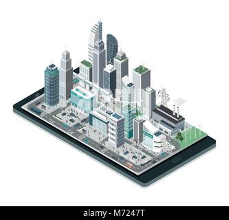 Smart City, Augmented Reality und Technologie Konzept: Metropole mit Wolkenkratzern und Menschen auf einem Smartphone Stock Vektor