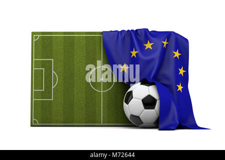 Land der Europäischen Union Flag drapiert über einen Fußball Fußball- und Kugel. 3D-Rendering Stockfoto