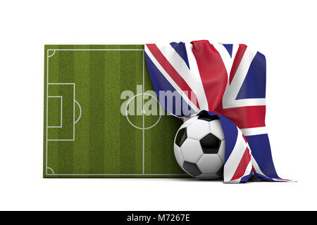 Vereinigtes Königreich Land Flagge drapiert über einen Fußball Fußball- und Kugel. 3D-Rendering Stockfoto