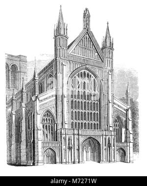 Die Westfassade des normannischen Gotischen Kathedrale von Winchester ist eine Kirche von England Kathedrale in Winchester, Hampshire, England. Es ist eine der größten Kathedralen in Europa, mit der längsten Kirchenschiff und größte Gesamtlänge der Gotischen Kathedrale in Europa. In 1079, Walkelin, Bischof von Winchester, beginnt mit der Arbeit an der Kathedrale und es wurde im Jahre 1093 geweiht. Stockfoto