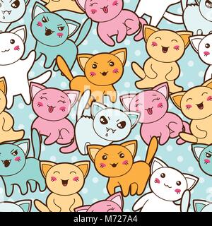 Nahtlose kawaii Cartoon Muster mit niedlichen Katzen Stock Vektor
