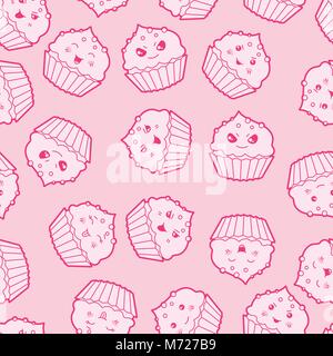 Nahtlose kawaii Cartoon Muster mit niedlichen Cupcakes Stock Vektor