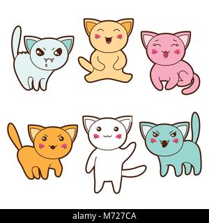 Satz von kawaii Katzen mit verschiedenen Gesichtsausdrücke Stock Vektor