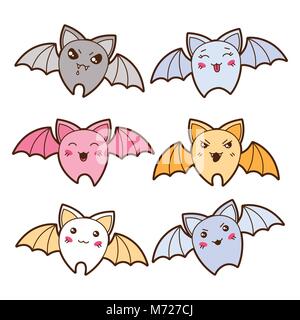 Satz von kawaii Fledermäuse mit verschiedenen Gesichtsausdrücke Stock Vektor