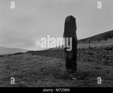 Ansicht W Stick Standing Stone Giant's neben einem prähistorischen und römischen trackway an Maen y Bardd auf der SE Hänge der Tal y Ventilator über dem Tal von Conwy Stockfoto