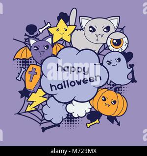 Halloween kawaii Grußkarte mit niedlichen Doodles Stock Vektor