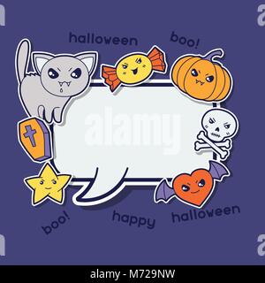 Halloween kawaii Grußkarte mit niedlichen Sticker doodles Stock Vektor