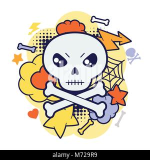 Halloween kawaii Drucken oder Karte mit niedlichen doodle Schädel Stock Vektor