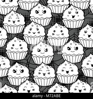 Nahtlose halloween kawaii Cartoon Muster mit niedlichen Cupcakes Stock Vektor