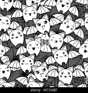 Nahtlose halloween kawaii Cartoon Muster mit niedlichen Fledermäuse Stock Vektor