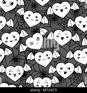 Nahtlose halloween kawaii Cartoon Muster mit süßen Herzen Stock Vektor