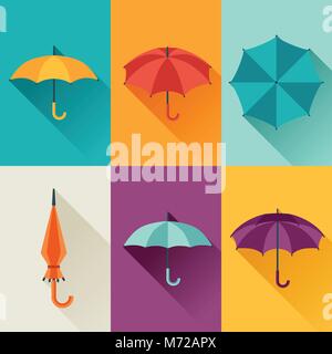Satz von niedlichen bunten Sonnenschirmen im flachen Design Stil Stock Vektor