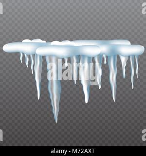 Realistische Eiszapfen mit Schnee auf transparentem Hintergrund gesetzt. Vector Illustration. Stock Vektor