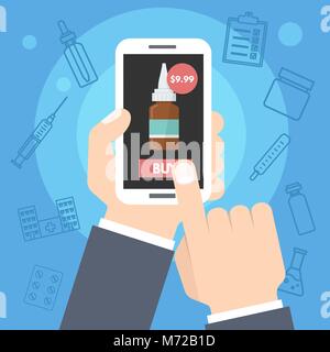 Apotheke online kaufen Medizin, Internet Gesundheit Service. Mann hält-Smartphone in der Hand. Vector Illustration. Stock Vektor