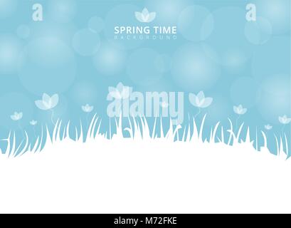 Frühling und Blumen mit Bokeh auf blauem Hintergrund mit Platz für Text. Vector Illustration Stock Vektor