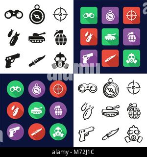 Militärische Alle in einem Symbole Schwarzweiß Farbe flaches Design Freehand eingestellt Stock Vektor