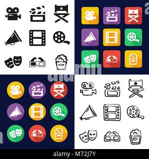 Film Alles in Einem Symbole Schwarzweiß Farbe flaches Design Freehand eingestellt Stock Vektor