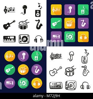 Musik in einem Symbole Schwarzweiß Farbe flaches Design Freehand eingestellt Stock Vektor