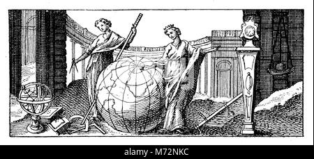 Die Erde Globus Darstellung und Allegorie, vintage Gravur jahr 1741 Stockfoto