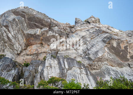 Abseilers und Kletterer knapp unter dem Gipfel des Tafelberges in Kapstadt. Stockfoto