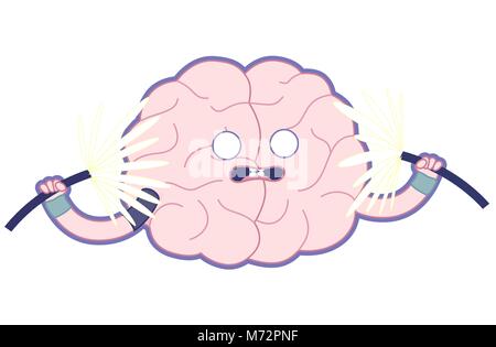 Gehirn hält zwei funkenbildenden elektrischen Kabel flach Cartoon Illustration - ihr Gehirn Serie Zug schockiert. Teil des Gehirns, der Sammlung. Stock Vektor