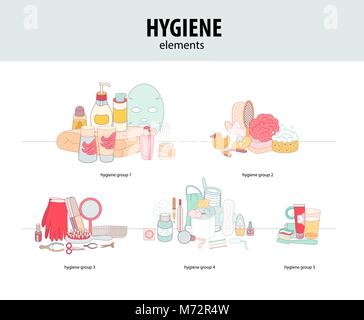 Die hygiene gruppierte Elemente auf weißem Hintergrund, Flachbild cartoon Vector Illustration Stock Vektor