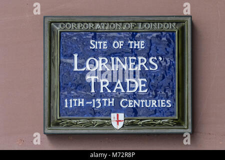Blau Gedenktafel zur Erinnerung an die Website von Loriners' Trade Association, London Stockfoto
