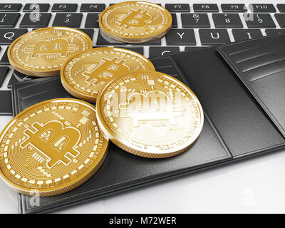 3D-Darstellung. Stapel von bitcoin Goldmünzen auf einer PC-Tastatur. Bitcoin Handel Konzept. Stockfoto