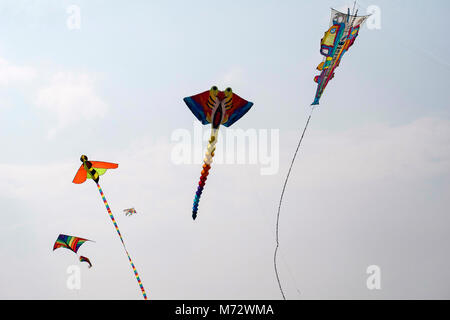 Verschiedene Drachen an der International Kite Festival in der sabarmati Riverfront, Ahmedabad, Gujarat, Indien konkurrierenden Stockfoto