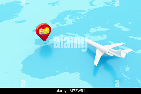 3D-Darstellung. Flugzeug rund um Globus und Landkarte Zeiger mit Flagge Symbol von Spanien fliegen. Travel Concept. Stockfoto