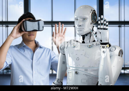 Asiatische Mann mit VR-Headset und Control 3D Rendering Roboter Stockfoto