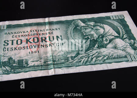 Banknote aus der Tschechoslowakei von 1980, hundert Kronen. Stockfoto