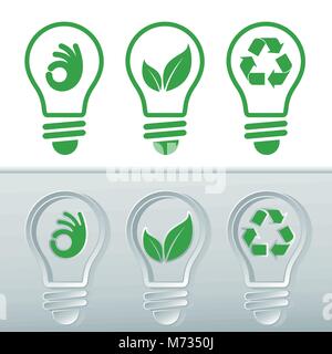 Vektorisiert Icon Sets für erneuerbare Energien. Glühlampen mit Symbolen der sauberen Energien, die Glühbirne mit Blatt, die Glühbirne mit Recycling Symbol und die Glühbirne mit Hand s Stock Vektor