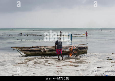 Mit brennenden Palmwedel Moos und grüne Wiese Wucherungen von der Seite seines Fischereifahrzeugs in Jambiani Sansibar Tansania zu entfernen Fischer Stockfoto