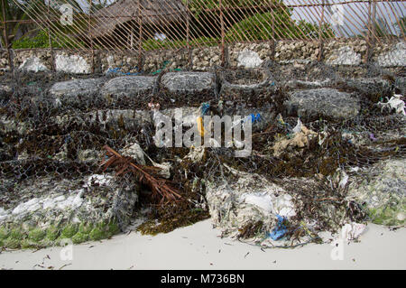 Plastikmüll in Drahtgeflecht und Fischernetze am Strand von Jambiani Sansibar Tansania entwined gemischt mit anderen Abfällen Stockfoto