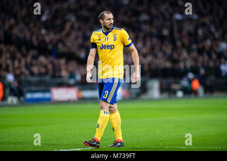 LONDON, ENGLAND - MÄRZ 07: Giorgio Chiellini (3) von Juventus Turin während der UEFA Champions League Runde 16 zweite Bein Übereinstimmung zwischen den Tottenham Hotspur und Juventus im Wembley Stadion am 7. März 2018 in London, Vereinigtes Königreich. (Foto von MB Media/) Stockfoto