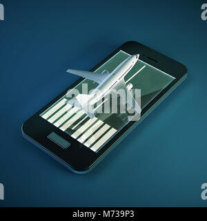 3D-Render von weissen PKW Flugzeug Abheben von der Startbahn auf dem Bildschirm Smartphone-Einstellungen. online buchen Tickets Check-in-Konzept Stockfoto