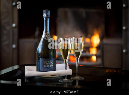 Eine Flasche Champagner mit zwei gefüllten Gläser auf ein Tablett vor einem prasselnden Holzfeuer Stockfoto