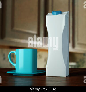 Präsentation 3D-Modellerstellung leere Vorlage Tetra Pak Paket für Saft trinkt Milch auf einem Holztisch mit cian Tasse. Stockfoto