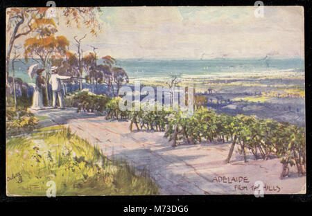 Dieses Bild zeigt einen Panoramablick auf Adelaide, Australien, von den umliegenden Hügeln. Die Stadt, die für ihre lebendige Kultur und Geschichte bekannt ist, ist im Vordergrund zu sehen, und die natürliche Landschaft bildet eine beeindruckende Kulisse. Stockfoto