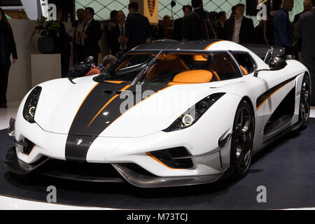 Genf, Schweiz. 6. März, 2018. Koenigsegg Regera Sport Auto auf dem 88. Internationalen Automobilsalon in Genf präsentiert. Credit: JLBvdWOLF/Alamy leben Nachrichten Stockfoto