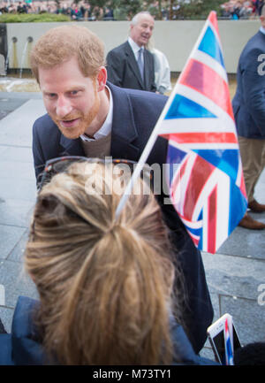 Prinz Harry und Meghan Markle kommen an Millenium Punkt für den Internationalen Tag der Frau in Birmingham, UK, 8. März 2018 Stockfoto