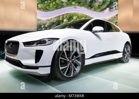 Genf, Schweiz - 6. MÄRZ 2018: Jaguar I-Pace elektrische SUV-Auto auf dem 88. Internationalen Automobilsalon in Genf präsentiert. Credit: JLBvdWOLF/Alamy leben Nachrichten Stockfoto