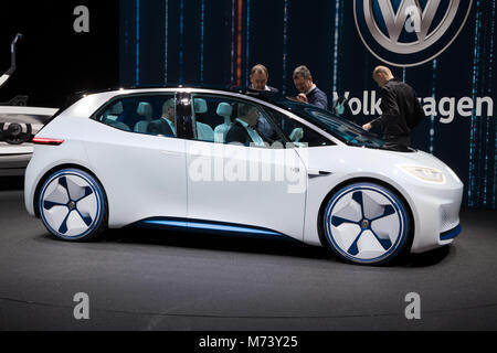 Genf, Schweiz. 7 Mär, 2018. Volkswagen I.D. Elektroauto präsentiert auf dem 88. Internationalen Automobilsalon in Genf. Stockfoto