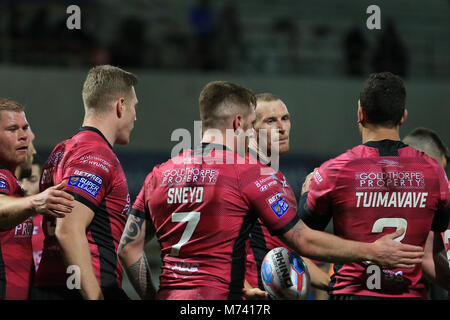 Leeds, Großbritannien. 8 Mär, 2018. 8 Headingley Stadium, Leeds, England; Betfred Super League, Runde 5, Leeds Rhinos versus Rumpf FC; Rumpf feiern ihren Versuchen Credit: Aktuelles Bilder/Alamy leben Nachrichten Stockfoto