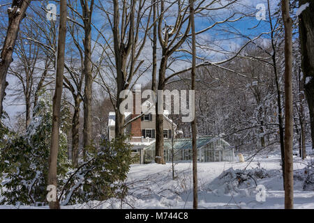 Croton-on-Hudson, NY, USA, 8. März 2018. Schnee hat dieser Hund nicht stört nach dem größten Schneesturm in Jahren begräbt suburban Croton-on-Hudson, New York mit bis zu 13,5-Zoll Schnee in diesem Vorort Westchester County Stadt. Quelle: Marianne Campolongo/Alamy Leben Nachrichten. Ich weiß, dass die hauseigentümer und in der Lage sein, eine Freigabe für andere Nutzungen zu erhalten, so haben Alamy kontaktieren Sie mich, wenn Sie bei der Verwendung dieses Bild für andere interessiert sind als redaktionelle Zwecke. Stockfoto