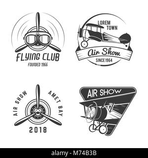 Jahrgang Hand gezeichnet Alte fliegen Briefmarken. Reisen oder Business Flugzeug tour Embleme. Doppeldecker Akademie Etiketten. Retro Antenne Abzeichen isoliert. Pilot School Logos. Ebene t-Design, Drucke. Vektor Stock Vektor