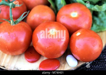 Saftige Tomaten/Paradeiser der Sorte Roma. Bio Tomaten Salat Gemüse ist reich an Vitamin C. Von Angle Shot, isolierte Tomaten auf Holzbrett schließen Stockfoto